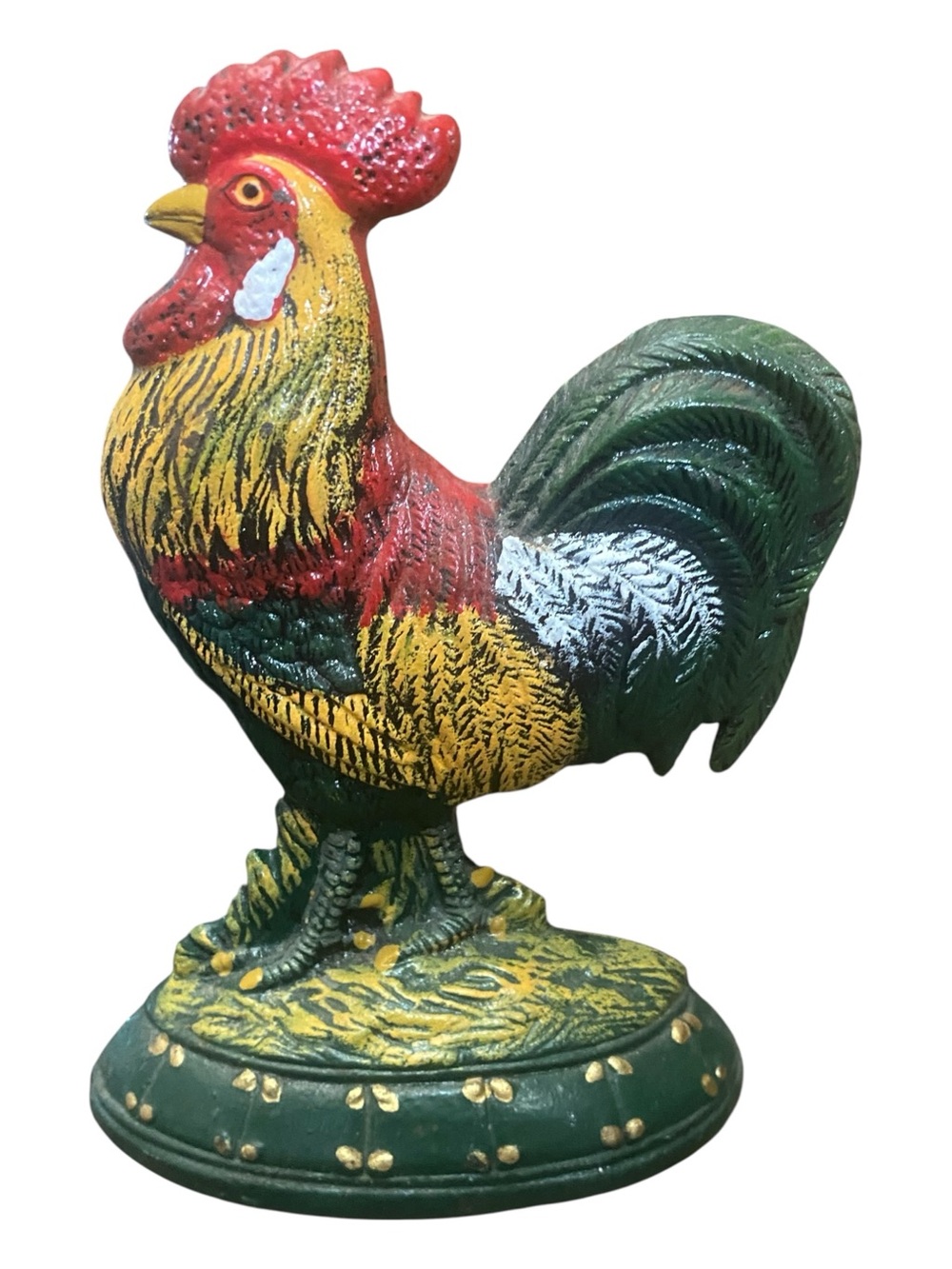 Vintage Farm House Style Cast Iron Door Stop Painted Rooster Cottage Core